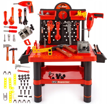 Banc de lucru 'DO IT YOURSELF', Model cu 52 accesorii ( bornasina, fierastrau, ciocan, menghina, raft pt accesorii, chei, etc. ), Perfect pentru micutii pasionati de bricolaj, Confectionat din plastic non-alergenic si durabil