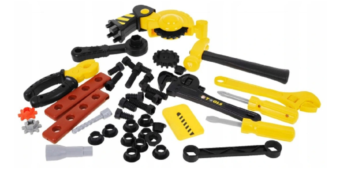 Banc de lucru Delux Micul Mecanic, mobil 3 in 1, dotat cu numeroase accesorii (cleste, ciocan, surubelnite, subururi si piulite, chei, fierastrau), Ideal pentru dezvoltarea abilitatilor celor mici