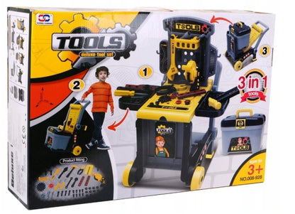 Banc de lucru Delux Micul Mecanic, mobil 3 in 1, dotat cu numeroase accesorii (cleste, ciocan, surubelnite, subururi si piulite, chei, fierastrau), Ideal pentru dezvoltarea abilitatilor celor mici