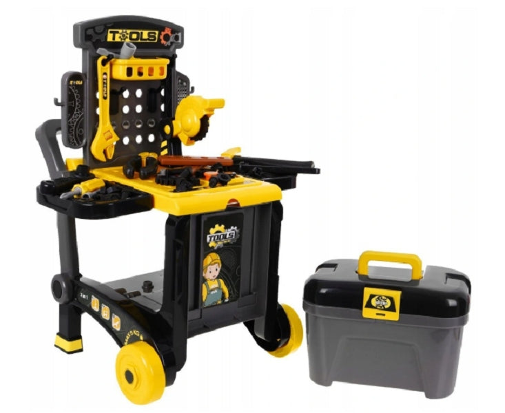 Banc de lucru Delux Micul Mecanic, mobil 3 in 1, dotat cu numeroase accesorii (cleste, ciocan, surubelnite, subururi si piulite, chei, fierastrau), Ideal pentru dezvoltarea abilitatilor celor mici