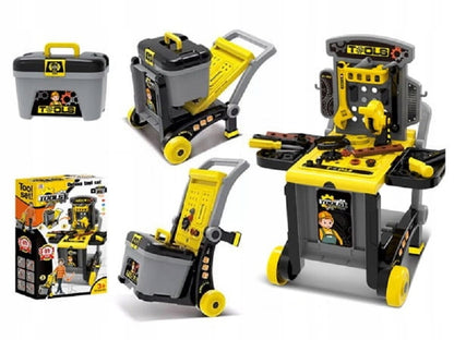 Banc de lucru Delux Micul Mecanic, mobil 3 in 1, dotat cu numeroase accesorii (cleste, ciocan, surubelnite, subururi si piulite, chei, fierastrau), Ideal pentru dezvoltarea abilitatilor celor mici