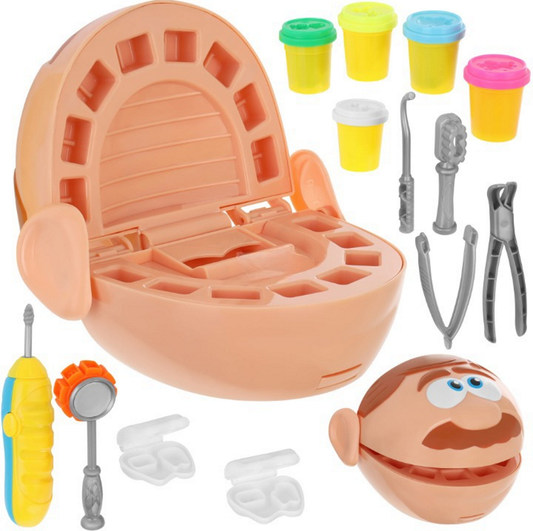Mulaj Dentar Dough Dentist idealSTORE, Include 2 Matrite Speciale Pentru Dinti, 5 Recipiente cu Aluat 5 Unelte Stomatologice, Burghiu cu Sunet, Cleste, Dalta, Stimuleaza Creativitatea si Dezvolta Abilitati Manuale