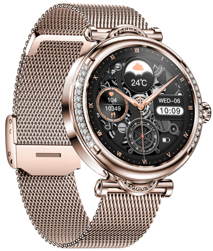 Smartwach LuxStyle idealSTORE, Apel Bluetooth, Sunet HD Voice, Agenda Telefonica, Design Lux-Elegant, Ecran HD 1.27', Monitorizare Oxigen, Tensiune, Puls, Somn, Mod Multi-Sport, Cadran Personalizat, Rezistent apa IP67, Bratara Metalica Gold