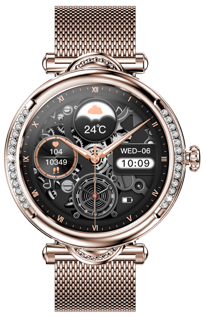 Smartwach LuxStyle idealSTORE, Apel Bluetooth, Sunet HD Voice, Agenda Telefonica, Design Lux-Elegant, Ecran HD 1.27', Monitorizare Oxigen, Tensiune, Puls, Somn, Mod Multi-Sport, Cadran Personalizat, Rezistent apa IP67, Bratara Metalica Gold