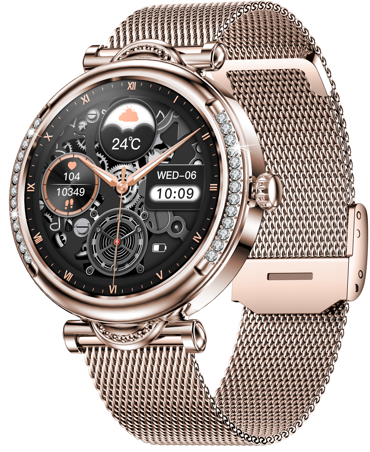 Smartwach LuxStyle idealSTORE, Apel Bluetooth, Sunet HD Voice, Agenda Telefonica, Design Lux-Elegant, Ecran HD 1.27', Monitorizare Oxigen, Tensiune, Puls, Somn, Mod Multi-Sport, Cadran Personalizat, Rezistent apa IP67, Bratara Metalica Gold