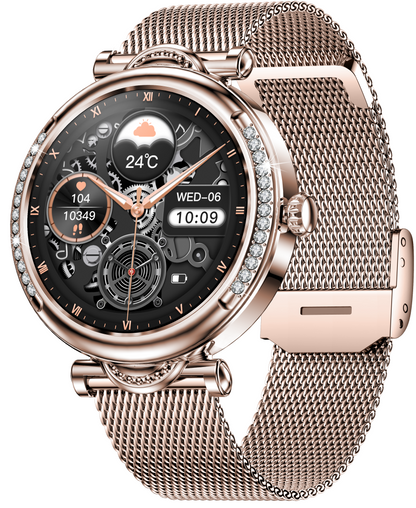 Smartwach LuxStyle idealSTORE, Apel Bluetooth, Sunet HD Voice, Agenda Telefonica, Design Lux-Elegant, Ecran HD 1.27', Monitorizare Oxigen, Tensiune, Puls, Somn, Mod Multi-Sport, Cadran Personalizat, Rezistent apa IP67, Bratara Metalica Gold