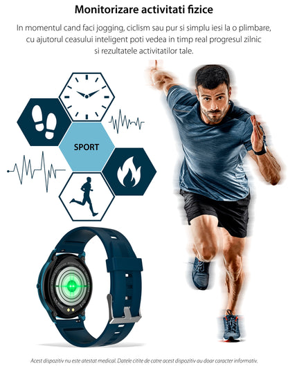 Smartwatch idealStore Xtreme11, Prognoza Meteo, Preluare Apeluri, Notificari prin Vibrare, Functii monitorizare Sanatate, 8 moduri Sport, Bluetooth, Ecran Curbat, Impermeabil IP68, Compatibil IOS si Android, culoare Albastru