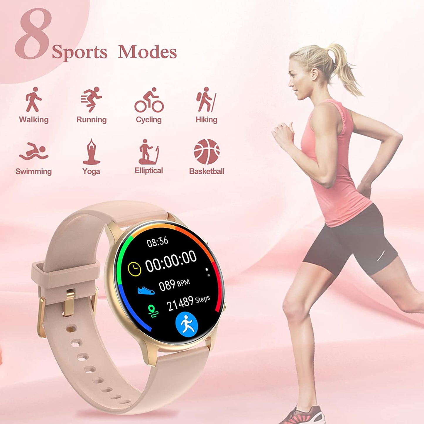Smartwatch si Bratara de Fitness idealStore SlimeSport36, MultiSport, Obiectiv Pasi, Ritm Cardiac, Calorii Arse, Analiza Somnului, Notificari, Roz