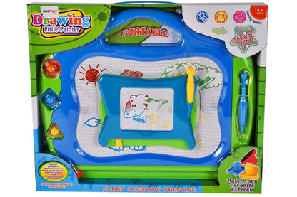 Tablita 2 in 1 de scris magnetica The Playful Elephant idealSTORE Dimensiuni 38 x 32 x 3 cm, Include 3 stampile cu forme diferite, 2 Pixuri, Planul de desen contine 4 culori incorporate