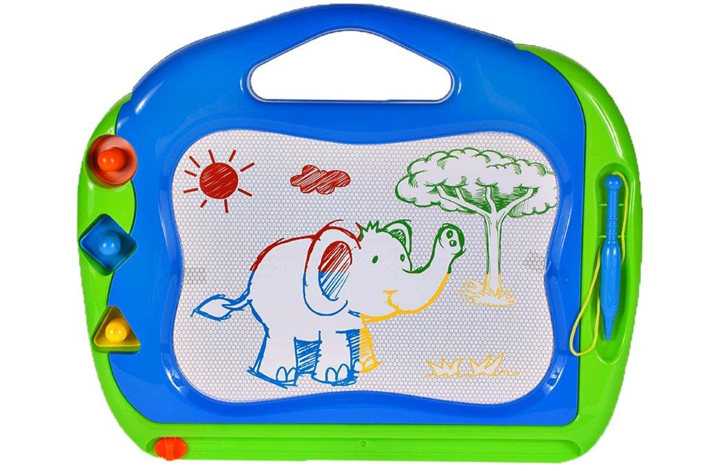 Tablita 2 in 1 de scris magnetica The Playful Elephant idealSTORE Dimensiuni 38 x 32 x 3 cm, Include 3 stampile cu forme diferite, 2 Pixuri, Planul de desen contine 4 culori incorporate
