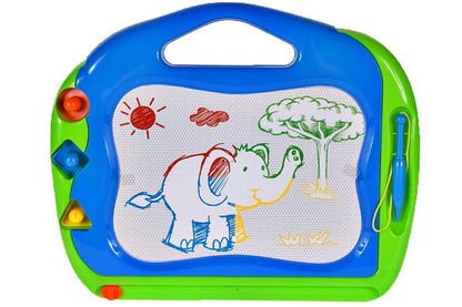 Tablita 2 in 1 de scris magnetica The Playful Elephant idealSTORE Dimensiuni 38 x 32 x 3 cm, Include 3 stampile cu forme diferite, 2 Pixuri, Planul de desen contine 4 culori incorporate