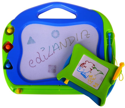 Tablita 2 in 1 de scris magnetica The Playful Elephant idealSTORE Dimensiuni 38 x 32 x 3 cm, Include 3 stampile cu forme diferite, 2 Pixuri, Planul de desen contine 4 culori incorporate