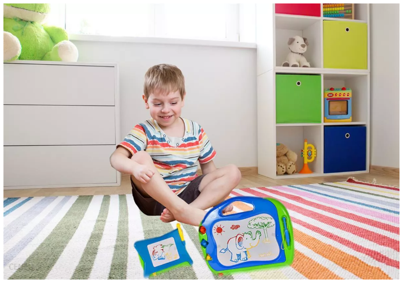 Tablita 2 in 1 de scris magnetica The Playful Elephant idealSTORE Dimensiuni 38 x 32 x 3 cm, Include 3 stampile cu forme diferite, 2 Pixuri, Planul de desen contine 4 culori incorporate