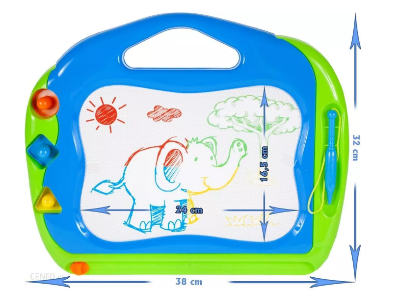 Tablita 2 in 1 de scris magnetica The Playful Elephant idealSTORE Dimensiuni 38 x 32 x 3 cm, Include 3 stampile cu forme diferite, 2 Pixuri, Planul de desen contine 4 culori incorporate