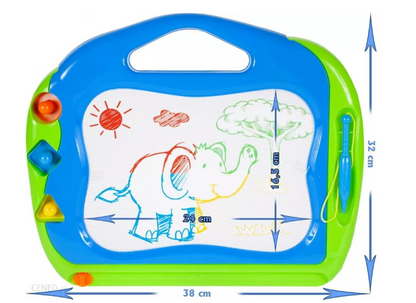 Tablita 2 in 1 de scris magnetica The Playful Elephant idealSTORE Dimensiuni 38 x 32 x 3 cm, Include 3 stampile cu forme diferite, 2 Pixuri, Planul de desen contine 4 culori incorporate