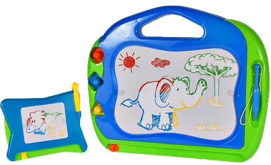 Tablita 2 in 1 de scris magnetica The Playful Elephant idealSTORE Dimensiuni 38 x 32 x 3 cm, Include 3 stampile cu forme diferite, 2 Pixuri, Planul de desen contine 4 culori incorporate
