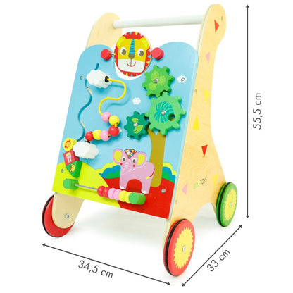 Premergator din lemn cu Centru de activitati idealSTORE ZOO Blue Familii, Dimensiuni 33 x 34.5 x 55.5 cm, Ajuta la mentinerea echilibrului, antreneaza abilitatile motorii, Dezvolta cunostinte