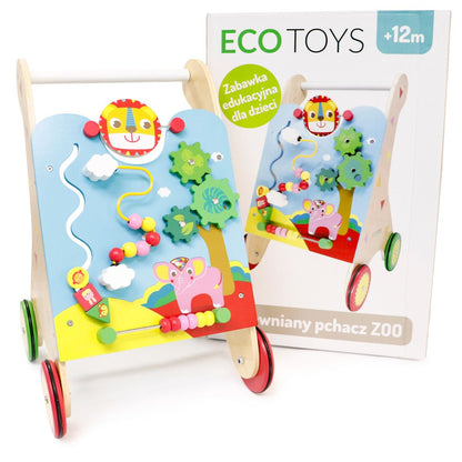 Premergator din lemn cu Centru de activitati idealSTORE ZOO Blue Familii, Dimensiuni 33 x 34.5 x 55.5 cm, Ajuta la mentinerea echilibrului, antreneaza abilitatile motorii, Dezvolta cunostinte