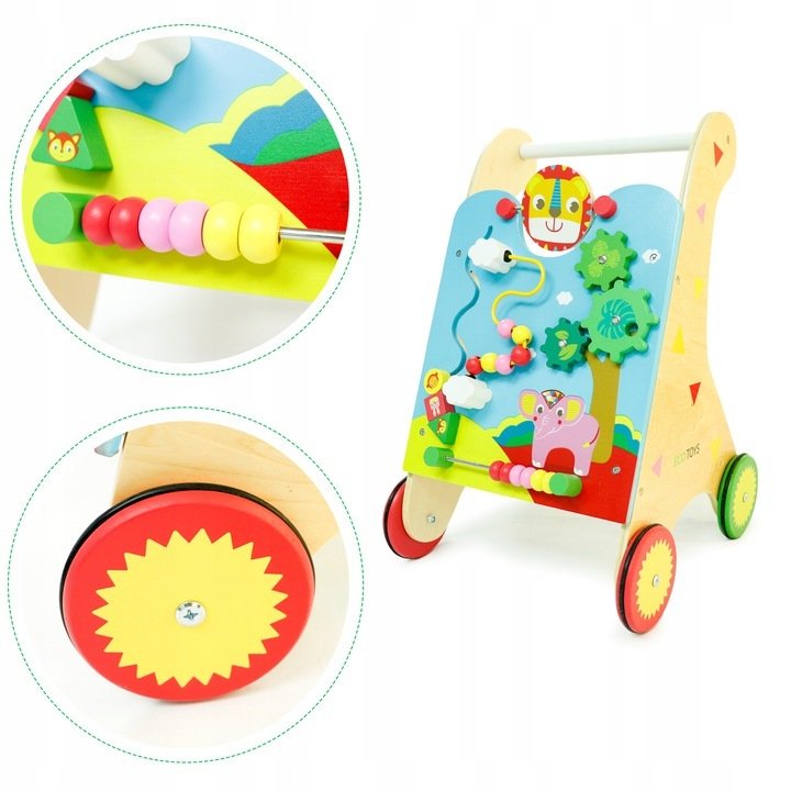 Premergator din lemn cu Centru de activitati idealSTORE ZOO Blue Familii, Dimensiuni 33 x 34.5 x 55.5 cm, Ajuta la mentinerea echilibrului, antreneaza abilitatile motorii, Dezvolta cunostinte