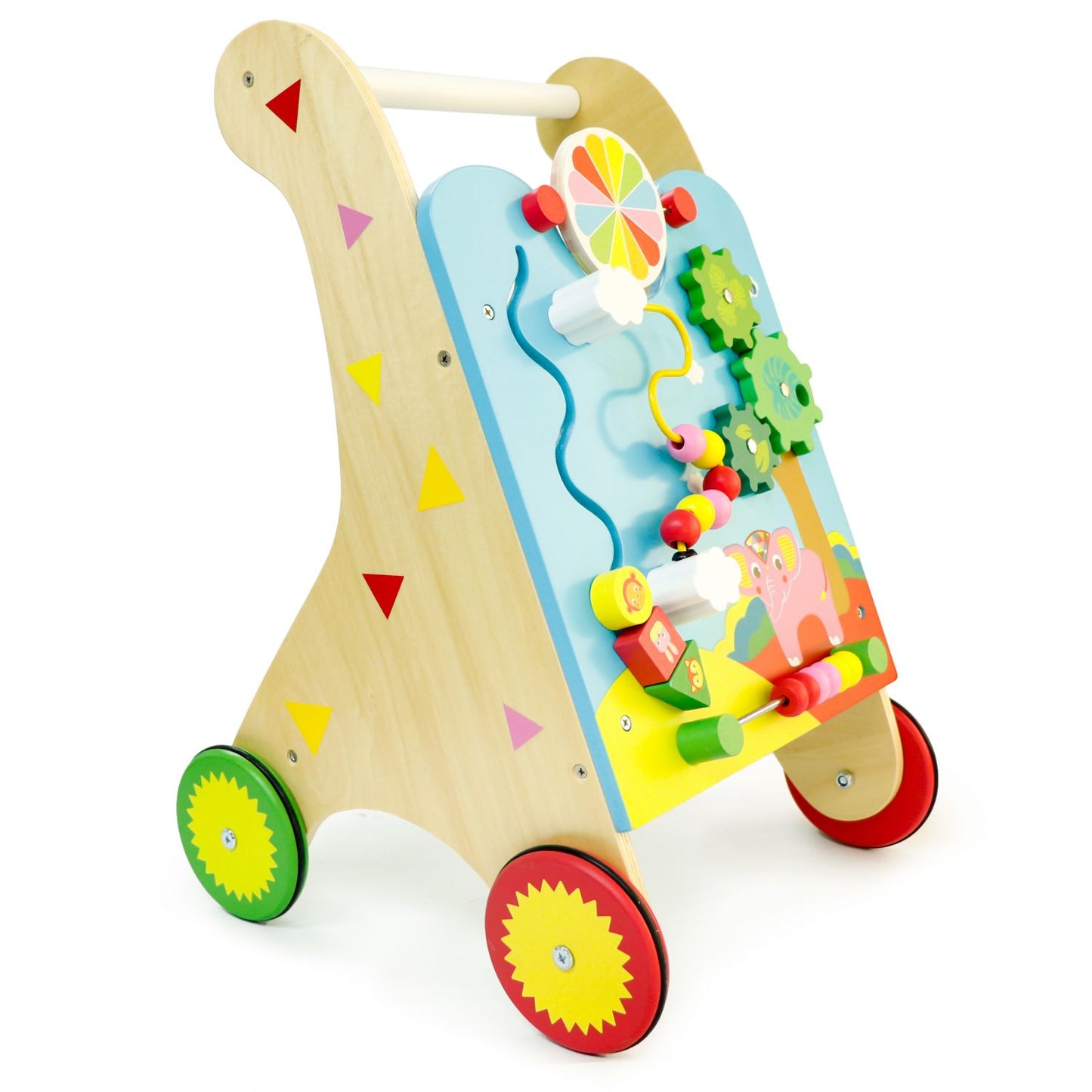 Premergator din lemn cu Centru de activitati idealSTORE ZOO Blue Familii, Dimensiuni 33 x 34.5 x 55.5 cm, Ajuta la mentinerea echilibrului, antreneaza abilitatile motorii, Dezvolta cunostinte