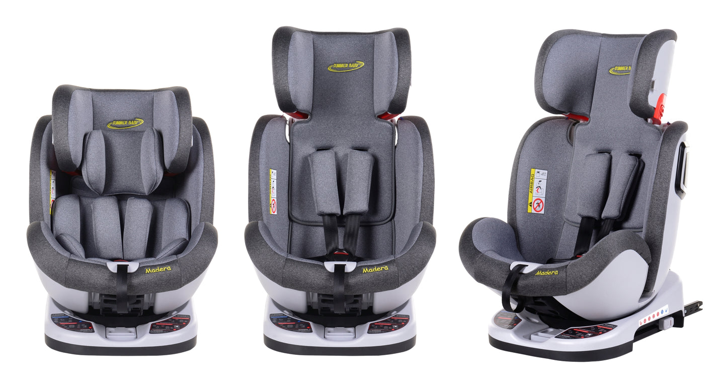 Scaun Auto Profesional Dedicat Pentru Copil, BABY JOLIE MADERA IDL Collection, 3 Grupe De Greutate Intre 0-36 Kg, Tehnologie ISOFIX, Centura TOP TETHER, Rotire 360 Grade cu Reglarea Pozitiei de Somn si a Inaltimii Tetierei, Gri