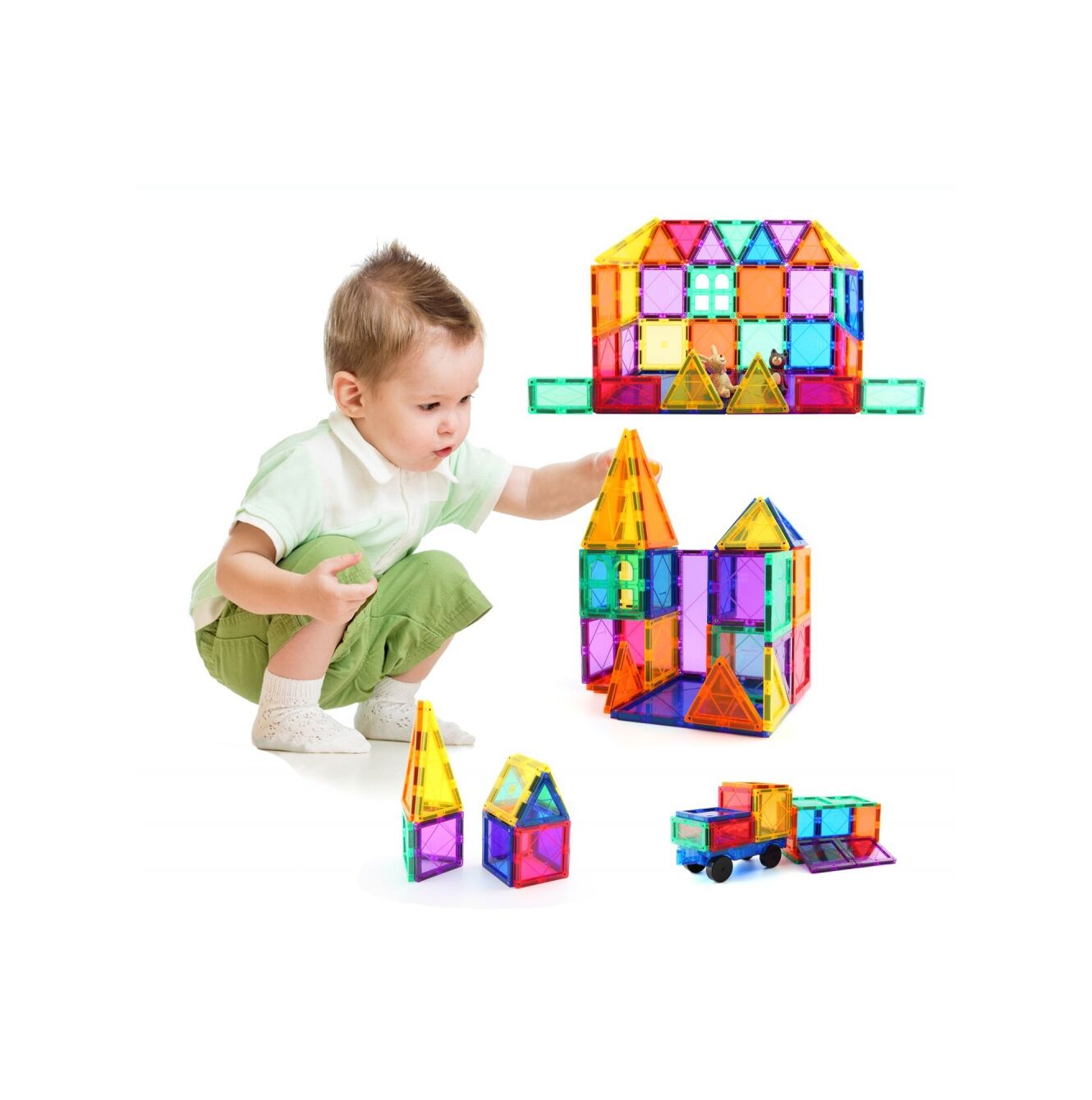 Set Inteligent de constructie MAGNETIC CONSTRUCTION idealSTORE, Include 105 de piese Multicolore, Posibilitatea de forme nelimitate, Educativ-Creativ, Magneti Neodim, Dezvolta abilitati motrice