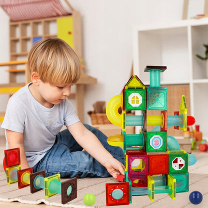 Set Inteligent de Constructie Ball Track Kulodrome Slide 3D idealSTORE, Include 147 de Elemente Magnetice Multicolore, 4 Tobogane, 10 Mingii, Posibilitatea de a Construi Diferite Structuri, Educativ- Creativ, Magneti Neodim