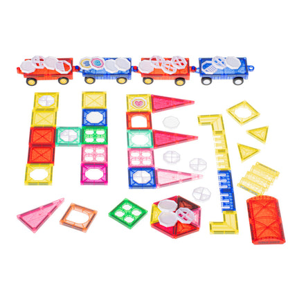 Set Inteligent de Constructie Intellectual Magnets 3D idealSTORE, Include 71 de Elemente Magnetice Multicolore, 4 Sasiuri Pentru Vehicule, Posibilitatea de a creea Forme Nelimitate, Educativ- Creativ, Magneti Puternici
