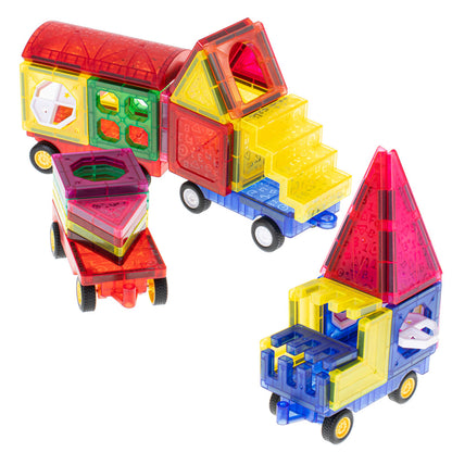 Set Inteligent de Constructie Intellectual Magnets 3D idealSTORE, Include 71 de Elemente Magnetice Multicolore, 4 Sasiuri Pentru Vehicule, Posibilitatea de a creea Forme Nelimitate, Educativ- Creativ, Magneti Puternici