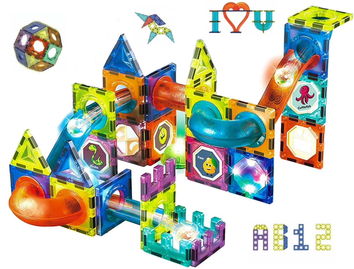 Set Inteligent de Constructie Magnetic cu Lumina idealStore Strong Magnets, Include 75 elemente Multicolore, Efect de Stralucire in Intuneric, Magneti Puternici din Neodim, Dezvolta Abilitati Manuale, Imaginatia Spatiala