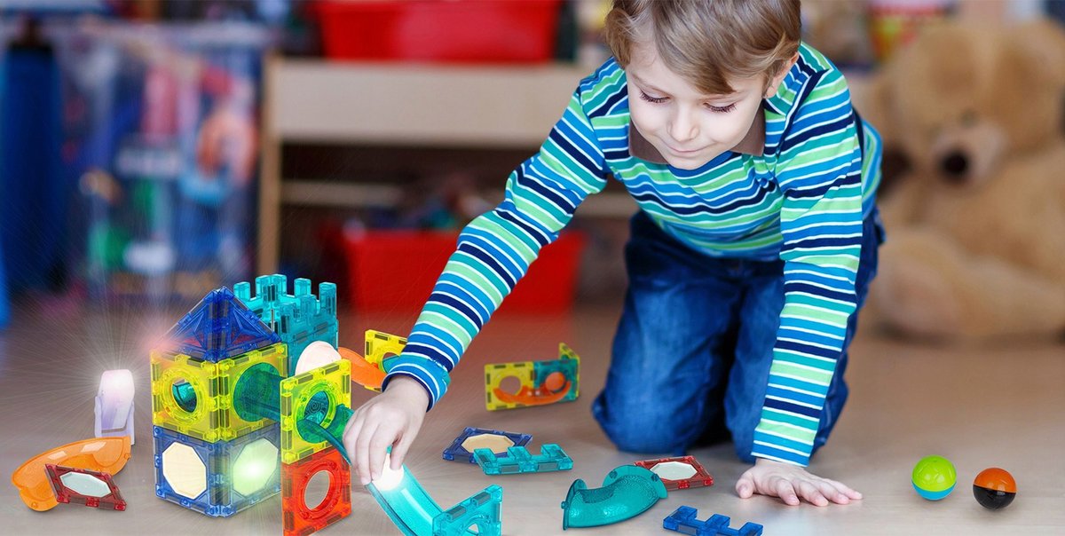 Set Inteligent de Constructie Magnetic cu Lumina idealStore Strong Magnets, Include 75 elemente Multicolore, Efect de Stralucire in Intuneric, Magneti Puternici din Neodim, Dezvolta Abilitati Manuale, Imaginatia Spatiala