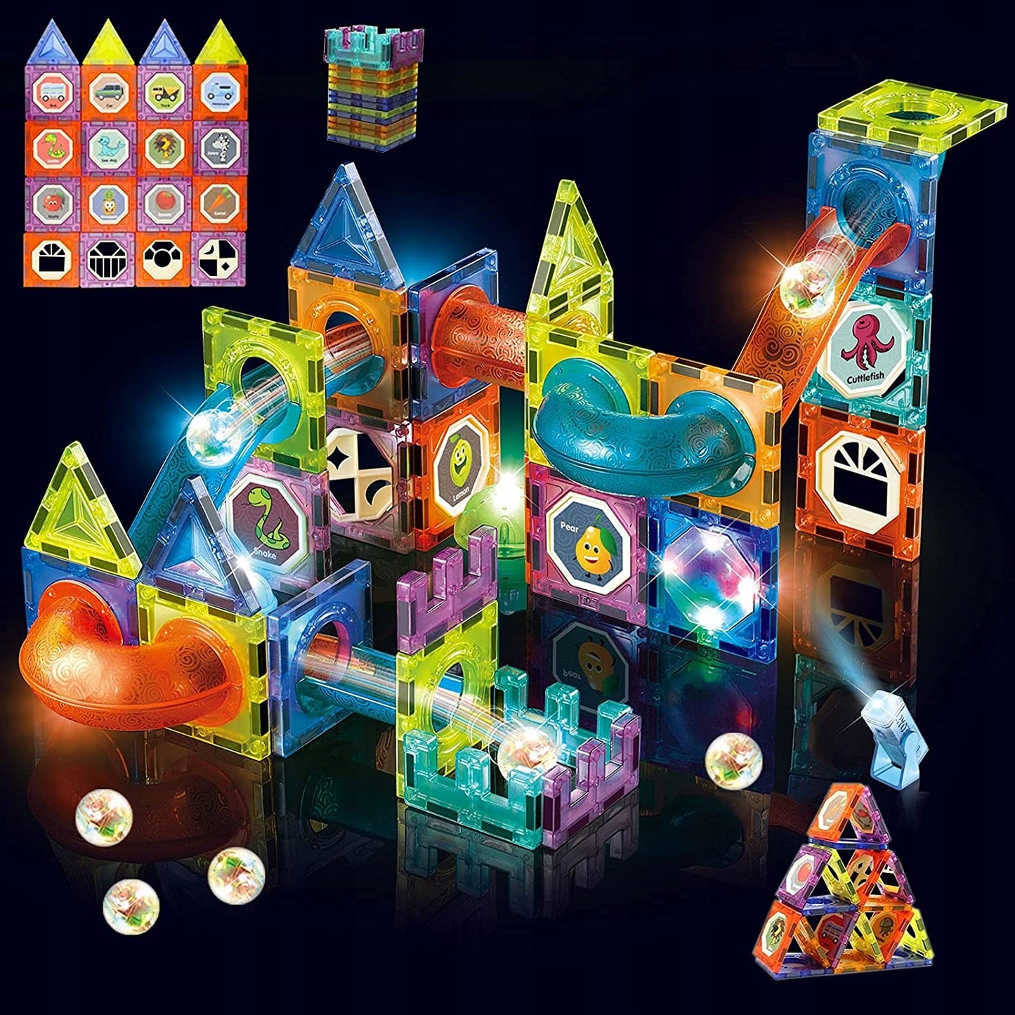 Set Inteligent de Constructie Magnetic cu Lumina idealStore Strong Magnets, Include 75 elemente Multicolore, Efect de Stralucire in Intuneric, Magneti Puternici din Neodim, Dezvolta Abilitati Manuale, Imaginatia Spatiala