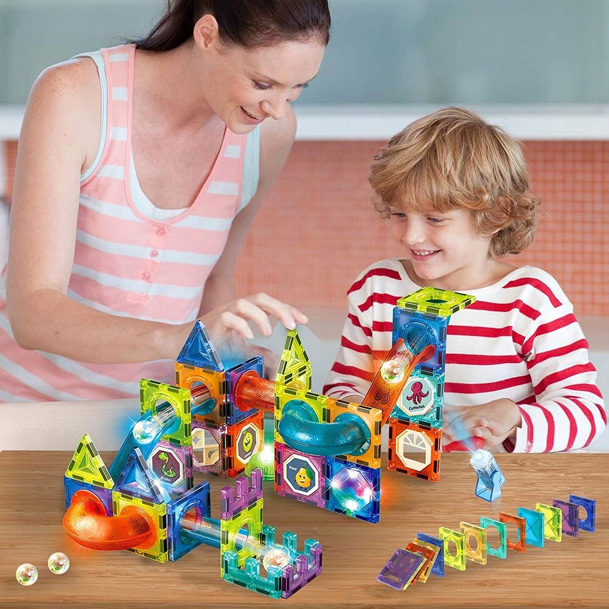 Set Inteligent de Constructie Magnetic cu Lumina idealStore Strong Magnets, Include 75 elemente Multicolore, Efect de Stralucire in Intuneric, Magneti Puternici din Neodim, Dezvolta Abilitati Manuale, Imaginatia Spatiala