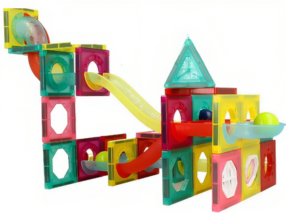 Set Inteligent de Constructie Ball Track Slide 3D idealSTORE, Include 77 de Elemente Magnetice Multicolore 2 Tobogane 8 Mingii Posibilitatea de a creea Piste de Bile, Educativ- Creativ, Magneti Puternici Neodim, Stimuleaza Gandirea
