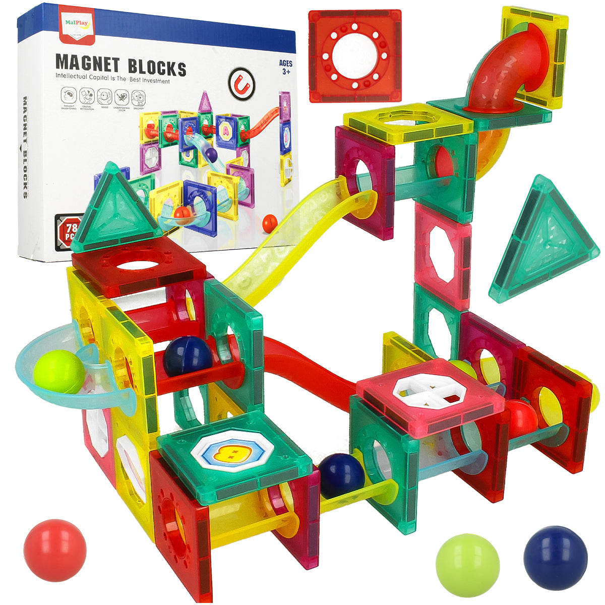 Set Inteligent de Constructie Ball Track Slide 3D idealSTORE, Include 77 de Elemente Magnetice Multicolore 2 Tobogane 8 Mingii Posibilitatea de a creea Piste de Bile, Educativ- Creativ, Magneti Puternici Neodim, Stimuleaza Gandirea