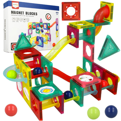 Set Inteligent de Constructie Ball Track Slide 3D idealSTORE, Include 77 de Elemente Magnetice Multicolore 2 Tobogane 8 Mingii Posibilitatea de a creea Piste de Bile, Educativ- Creativ, Magneti Puternici Neodim, Stimuleaza Gandirea