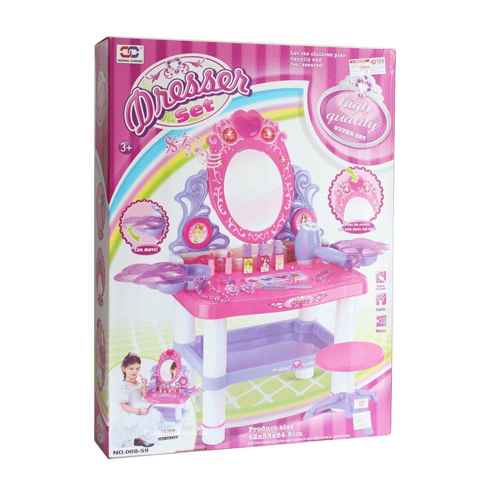 Masuta de Make-Up cu Scaunel idealSTORE Soft Chic Dresser, 62 x 33 x 64 cm, Echipata cu oglinda, gama larga de accesorii pentru infrumusetare, Sunete si lumini, Oportunitate de frumusete si aspect frumos in fiecare zi