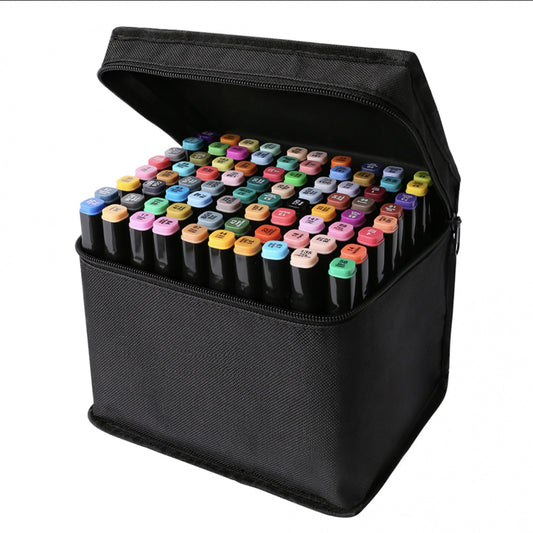 Set 80 markere duble ideal STORE Fantasy Paint, pe baza de alcool, 2 capete profesionale, 1 varf pentru schite, 1 varf pentru desen, geanta transport, multicolor