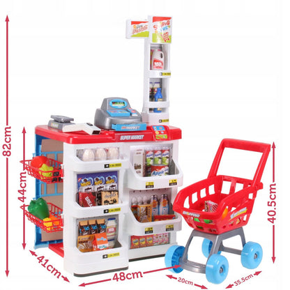 Supermarket joaca Copii cu carucior de cumparaturi idealSTORE SPEDDY MARKET, Inaltime 82 cm, Echipat cu multitudine de accesorii simbolice ce garanteaza distractia celor mici