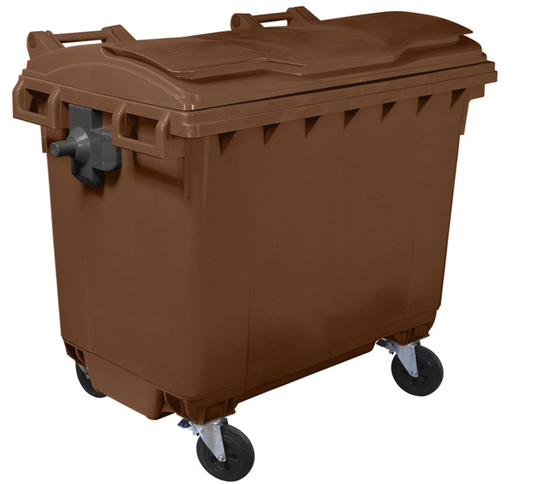 Container Profesional idealStore EcoPub, capac Plat, Roti cu rotire 360, Plastic Virgin, Metal Zincat, Rezistent la caldura-inghet si substante chimice, 660 L, Maro