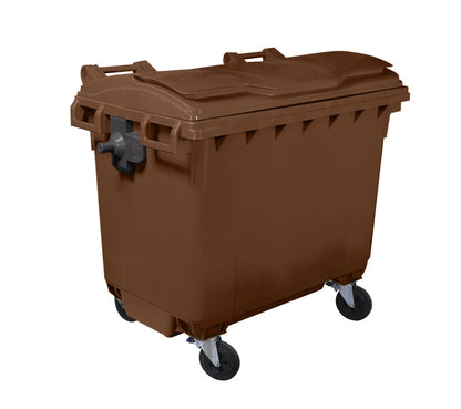 Container Profesional idealStore EcoPub, capac Plat, Roti cu rotire 360, Plastic Virgin, Metal Zincat, Rezistent la caldura-inghet si substante chimice, 660 L, Maro