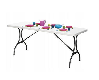 Masa Pliabila Tip VALIZA IDL, WHITE DELUXE-Colectie 2019, Dimensiuni: 240 x 74 x 70 cm, Constructie din OTEL, acoperita cu pulbere, cu Bloc Stabilizator, Ideala pentru interior/exterior, Posibilitatea de pliere rapida a mesei intr-o valiza cu maner