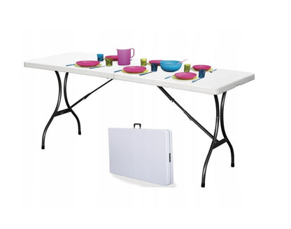 Masa Pliabila Tip VALIZA IDL, WHITE DELUXE-Colectie 2019, Dimensiuni: 240 x 74 x 70 cm, Constructie din OTEL, acoperita cu pulbere, cu Bloc Stabilizator, Ideala pentru interior/exterior, Posibilitatea de pliere rapida a mesei intr-o valiza cu maner