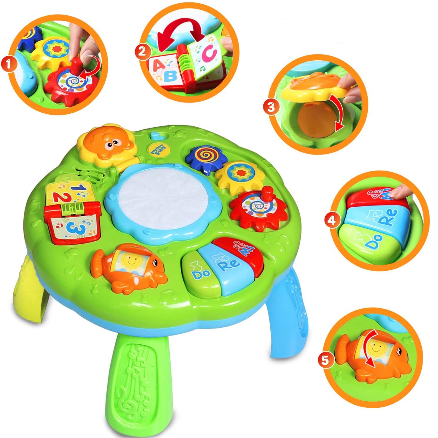 Masuta Interactiva 6 in 1 pentru Bebelusi IdealStore, Include Unelte Rotative care reda Muzica, Taste Muzicale, Accesorizata cu Sunete si Lumini, Stimuleaza Dezvoltarea Vizuala si Motorie