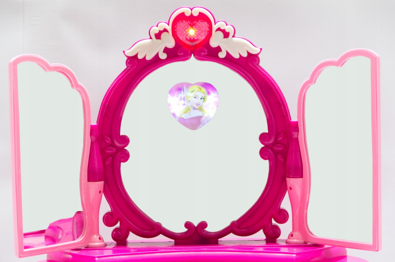 Masuta de Make-Up pentru Fete Glamour Mirror, Cu conectare Mp3 Player pentru Melodii, Lumini si Sunete incluse, Multiple accesorii incluse, Dimensiuni 52 x 32 x 72 cm