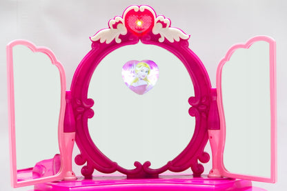 Masuta de Make-Up pentru Fete Glamour Mirror, Cu conectare Mp3 Player pentru Melodii, Lumini si Sunete incluse, Multiple accesorii incluse, Dimensiuni 52 x 32 x 72 cm