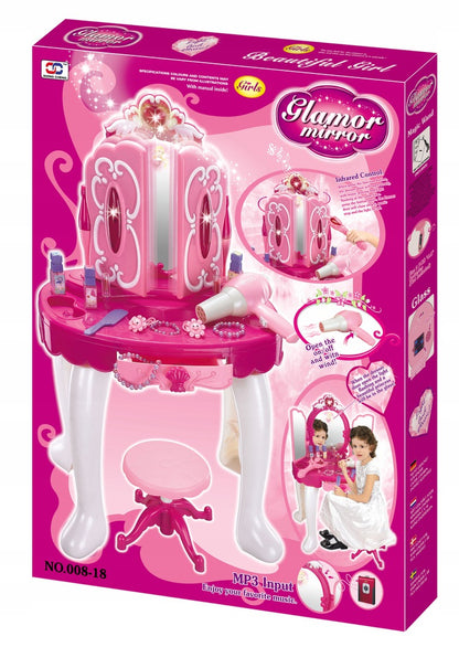 Masuta de Make-Up pentru Fete Glamour Mirror, Cu conectare Mp3 Player pentru Melodii, Lumini si Sunete incluse, Multiple accesorii incluse, Dimensiuni 52 x 32 x 72 cm