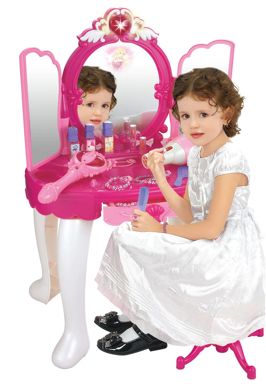 Masuta de Make-Up pentru Fete Glamour Mirror, Cu conectare Mp3 Player pentru Melodii, Lumini si Sunete incluse, Multiple accesorii incluse, Dimensiuni 52 x 32 x 72 cm