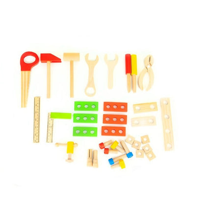 Atelier de lucru din lemn THE LITTLE WORKSHOP, Dimensiuni pachet 35 x25 x 9 cm, Include 10 unelte, cuie, suruburi, saibe, cleste, ciocan, rafturi, sertare Ajuta la dezvoltare abilitatilor manuale si imaginatiei