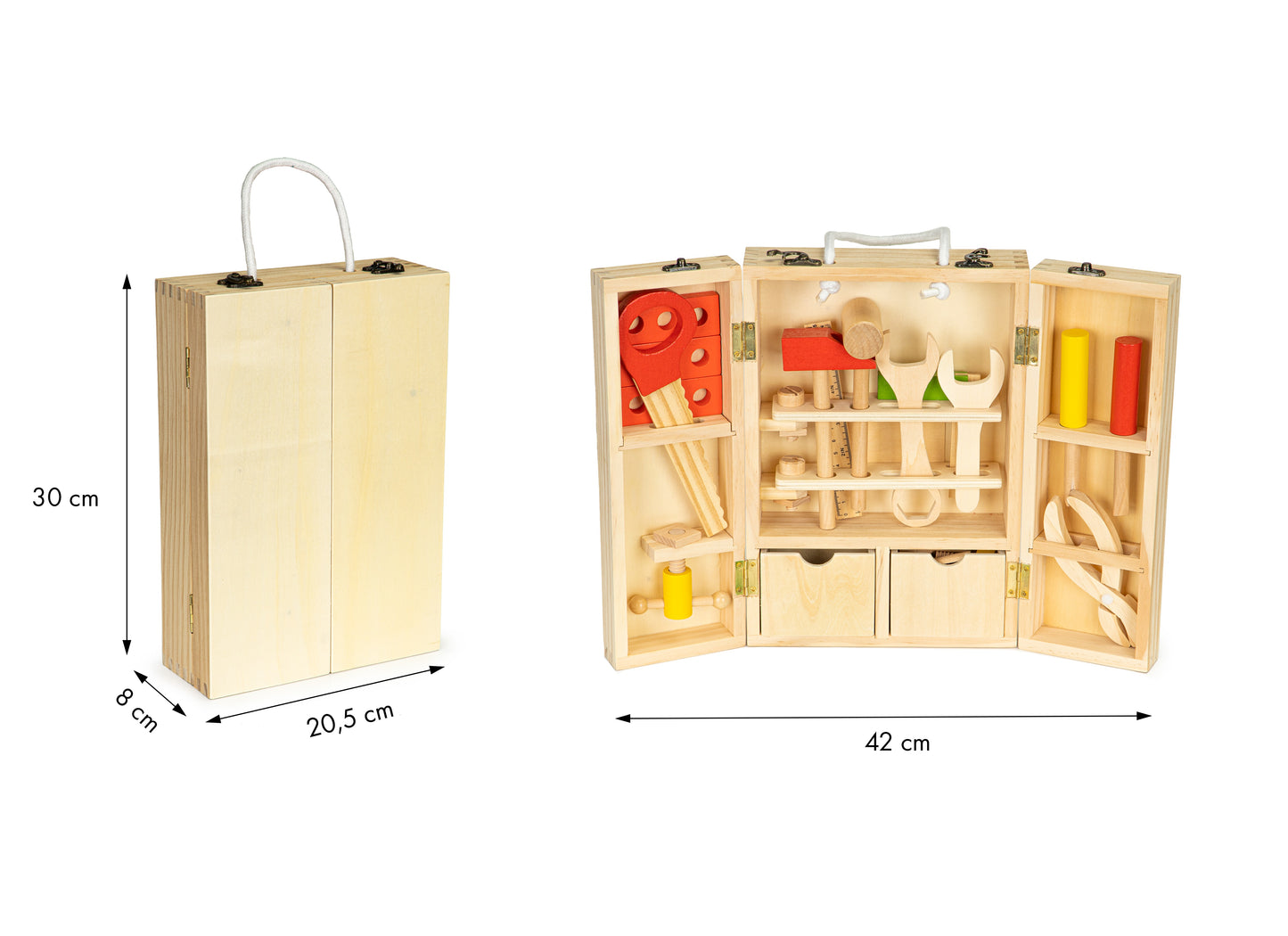 Atelier de lucru din lemn THE LITTLE WORKSHOP, Dimensiuni pachet 35 x25 x 9 cm, Include 10 unelte, cuie, suruburi, saibe, cleste, ciocan, rafturi, sertare Ajuta la dezvoltare abilitatilor manuale si imaginatiei